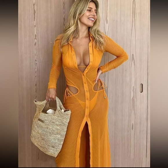 Cabo Casual Slim Fit See Through Cut-Out Long Sleeves Coverup Midi Dress. - Picture 2 of 11